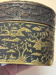 An imperial Vietnamese gold and silver-inlaid cylindrical tea box and cover, Hợp kim gồm ba lượng ch&iacute;n ph&acirc;n v&agrave;ng bảy ph&acirc;n đồng  mark, 18/19th C.