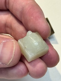A rare and small Chinese white jade 'tortoise' seal with an original seal-form bronze box, Changsha Taishou 長沙太守 and Feng Gao 封告 mark, Song or ealier