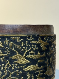 An imperial Vietnamese gold and silver-inlaid cylindrical tea box and cover, Hợp kim gồm ba lượng ch&iacute;n ph&acirc;n v&agrave;ng bảy ph&acirc;n đồng  mark, 18/19th C.