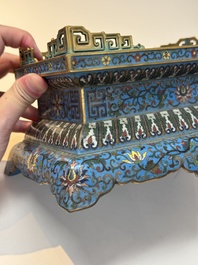 A Chinese lapis lazuli and cloisonn&eacute; elephant on stand, 19/20th C.