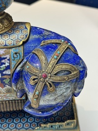 A Chinese lapis lazuli and cloisonn&eacute; elephant on stand, 19/20th C.