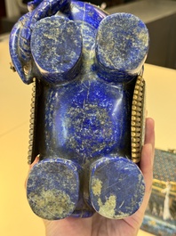 A Chinese lapis lazuli and cloisonn&eacute; elephant on stand, 19/20th C.