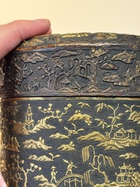 An imperial Vietnamese gold and silver-inlaid cylindrical tea box and cover, Hợp kim gồm ba lượng ch&iacute;n ph&acirc;n v&agrave;ng bảy ph&acirc;n đồng  mark, 18/19th C.