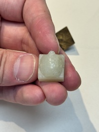 A rare and small Chinese white jade 'tortoise' seal with an original seal-form bronze box, Changsha Taishou 長沙太守 and Feng Gao 封告 mark, Song or ealier