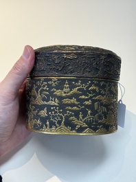 An imperial Vietnamese gold and silver-inlaid cylindrical tea box and cover, Hợp kim gồm ba lượng ch&iacute;n ph&acirc;n v&agrave;ng bảy ph&acirc;n đồng  mark, 18/19th C.