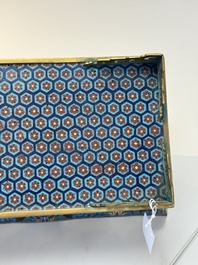 A Chinese lapis lazuli and cloisonn&eacute; elephant on stand, 19/20th C.