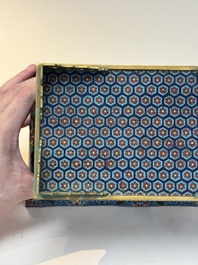 A Chinese lapis lazuli and cloisonn&eacute; elephant on stand, 19/20th C.