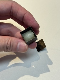 A rare and small Chinese white jade 'tortoise' seal with an original seal-form bronze box, Changsha Taishou 長沙太守 and Feng Gao 封告 mark, Song or ealier