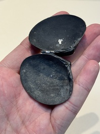 A small Chinese silver clam-shaped box with animals design, Tang/Song