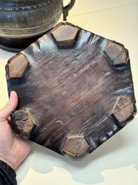 A Chinese archaistic bronze censer with 'chilong' and 'lingzhi' handles on wooden stand, Zhou Wang Bo Zuo Bao Ding 周王伯作寶鼎 mark, Yuan/Ming