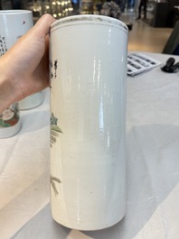 A pair of Chinese polychrome 'Zhong Kui' vases and two qianjiang cai hat stands, Jiangxi Ciye Gongsi 江西瓷业公司 mark, 20th C.