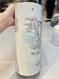 A pair of Chinese polychrome 'Zhong Kui' vases and two qianjiang cai hat stands, Jiangxi Ciye Gongsi 江西瓷业公司 mark, 20th C.