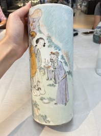 A pair of Chinese polychrome 'Zhong Kui' vases and two qianjiang cai hat stands, Jiangxi Ciye Gongsi 江西瓷业公司 mark, 20th C.