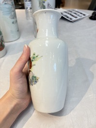 A pair of Chinese polychrome 'Zhong Kui' vases and two qianjiang cai hat stands, Jiangxi Ciye Gongsi 江西瓷业公司 mark, 20th C.