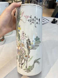 A pair of Chinese polychrome 'Zhong Kui' vases and two qianjiang cai hat stands, Jiangxi Ciye Gongsi 江西瓷业公司 mark, 20th C.