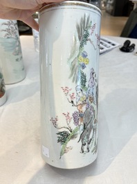 A pair of Chinese polychrome 'Zhong Kui' vases and two qianjiang cai hat stands, Jiangxi Ciye Gongsi 江西瓷业公司 mark, 20th C.