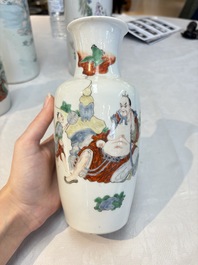 A pair of Chinese polychrome 'Zhong Kui' vases and two qianjiang cai hat stands, Jiangxi Ciye Gongsi 江西瓷业公司 mark, 20th C.