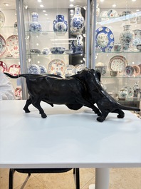 A Japanese bronze okimono of a tiger and a bull, signed Sano Takachika 佐野隆親, Meiji, 19th C.