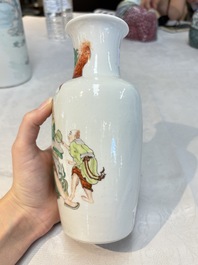 A pair of Chinese polychrome 'Zhong Kui' vases and two qianjiang cai hat stands, Jiangxi Ciye Gongsi 江西瓷业公司 mark, 20th C.