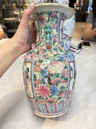 A pair of Chinese famille rose vases with narrative design on wooden stands, 19th C.
