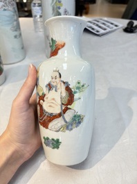 A pair of Chinese polychrome 'Zhong Kui' vases and two qianjiang cai hat stands, Jiangxi Ciye Gongsi 江西瓷业公司 mark, 20th C.