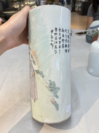 A pair of Chinese polychrome 'Zhong Kui' vases and two qianjiang cai hat stands, Jiangxi Ciye Gongsi 江西瓷业公司 mark, 20th C.