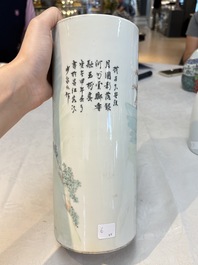 A pair of Chinese polychrome 'Zhong Kui' vases and two qianjiang cai hat stands, Jiangxi Ciye Gongsi 江西瓷业公司 mark, 20th C.