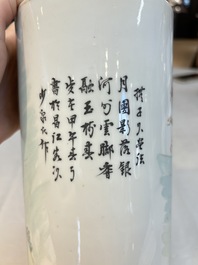 A pair of Chinese polychrome 'Zhong Kui' vases and two qianjiang cai hat stands, Jiangxi Ciye Gongsi 江西瓷业公司 mark, 20th C.