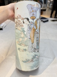 A pair of Chinese polychrome 'Zhong Kui' vases and two qianjiang cai hat stands, Jiangxi Ciye Gongsi 江西瓷业公司 mark, 20th C.