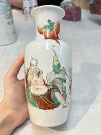 A pair of Chinese polychrome 'Zhong Kui' vases and two qianjiang cai hat stands, Jiangxi Ciye Gongsi 江西瓷业公司 mark, 20th C.