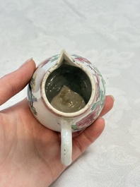 Three fine Chinese famille rose covered milk jugs and a grisaille and iron-red-decorated tea caddy with silver cover, Yongzheng/Qianlong