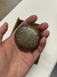 A Chinese gilt and silver inlaid bronze ink paste box and cover and with presentation box, Qianlong mark and possibly of the period