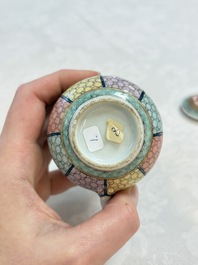 Three fine Chinese famille rose covered milk jugs and a grisaille and iron-red-decorated tea caddy with silver cover, Yongzheng/Qianlong