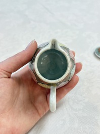 Three fine Chinese famille rose covered milk jugs and a grisaille and iron-red-decorated tea caddy with silver cover, Yongzheng/Qianlong