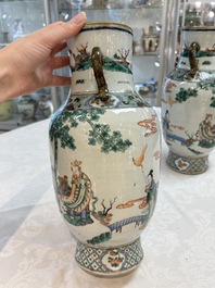 A pair of Chinese famille verte vases with narrative design, 19th C.
