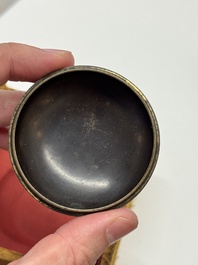 A Chinese gilt and silver inlaid bronze ink paste box and cover and with presentation box, Qianlong mark and possibly of the period