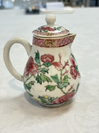 Three fine Chinese famille rose covered milk jugs and a grisaille and iron-red-decorated tea caddy with silver cover, Yongzheng/Qianlong