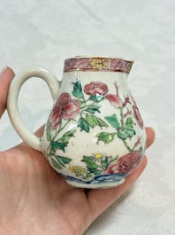 Three fine Chinese famille rose covered milk jugs and a grisaille and iron-red-decorated tea caddy with silver cover, Yongzheng/Qianlong