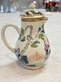 Three fine Chinese famille rose covered milk jugs and a grisaille and iron-red-decorated tea caddy with silver cover, Yongzheng/Qianlong