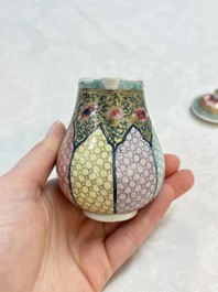 Three fine Chinese famille rose covered milk jugs and a grisaille and iron-red-decorated tea caddy with silver cover, Yongzheng/Qianlong