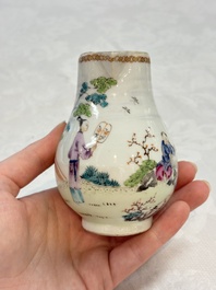 Three fine Chinese famille rose covered milk jugs and a grisaille and iron-red-decorated tea caddy with silver cover, Yongzheng/Qianlong