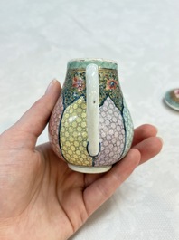 Three fine Chinese famille rose covered milk jugs and a grisaille and iron-red-decorated tea caddy with silver cover, Yongzheng/Qianlong