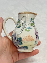 Three fine Chinese famille rose covered milk jugs and a grisaille and iron-red-decorated tea caddy with silver cover, Yongzheng/Qianlong