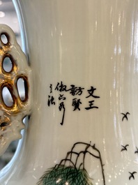 A pair of Chinese famille rose 'Wen Wang Fang Xian 文王訪賢' vases, signed Song Lin Ge 松林閣, 19/20th C.