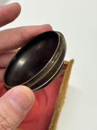 A Chinese gilt and silver inlaid bronze ink paste box and cover and with presentation box, Qianlong mark and possibly of the period