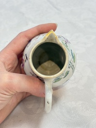 Three fine Chinese famille rose covered milk jugs and a grisaille and iron-red-decorated tea caddy with silver cover, Yongzheng/Qianlong