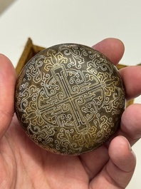 A Chinese gilt and silver inlaid bronze ink paste box and cover and with presentation box, Qianlong mark and possibly of the period