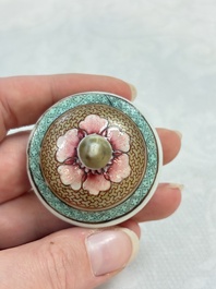 Three fine Chinese famille rose covered milk jugs and a grisaille and iron-red-decorated tea caddy with silver cover, Yongzheng/Qianlong