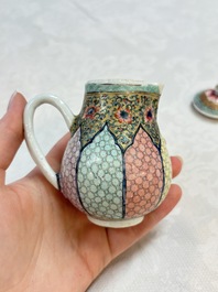 Three fine Chinese famille rose covered milk jugs and a grisaille and iron-red-decorated tea caddy with silver cover, Yongzheng/Qianlong