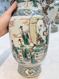 A pair of Chinese famille verte vases with narrative design, 19th C.